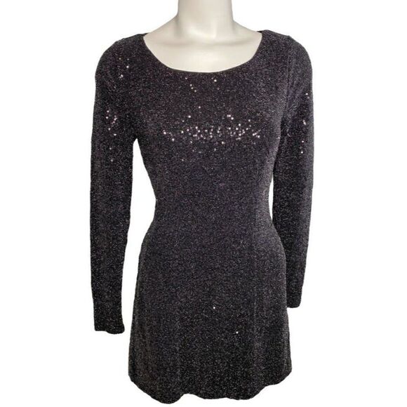 Express Black Sequin Long Sleeve Fit & Flare Mini Dress Sz XS‎ - Picture 1 of 8